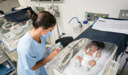 A nurse bends over a baby with perinatal asphyxia in an incubator.